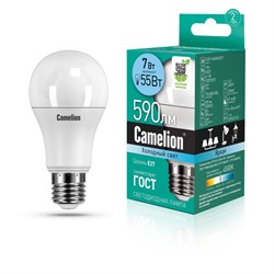 Лампа LED шар 7Вт Е27 (аналог 55Вт) Camelion Холодный свет - фото 9650